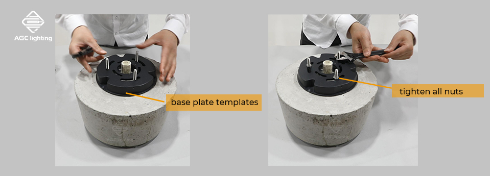 install the base plate templates on screw fixing plate with nuts