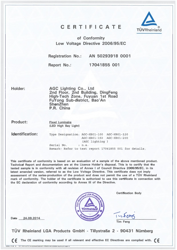 AGC Lighting Led high bay LVD Certification
