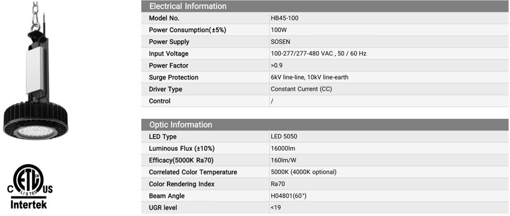 electrical and optic information of LED high bay light