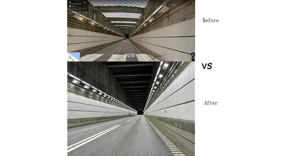 before and after of tunnel light retrofit