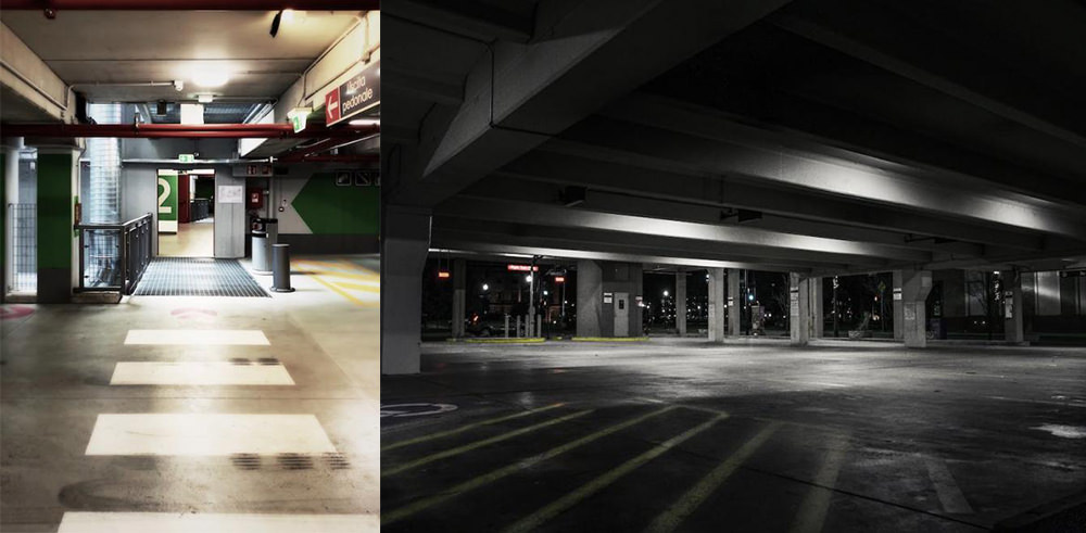 uneven garage lighting at night