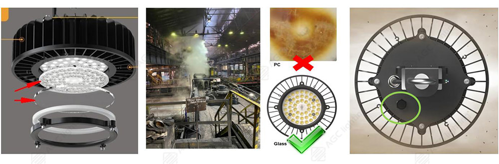 PC and glass lens for high bay lights in high temperature appplications