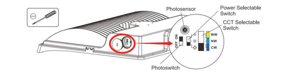 lighting fixture that is power CCT and photocell selectable