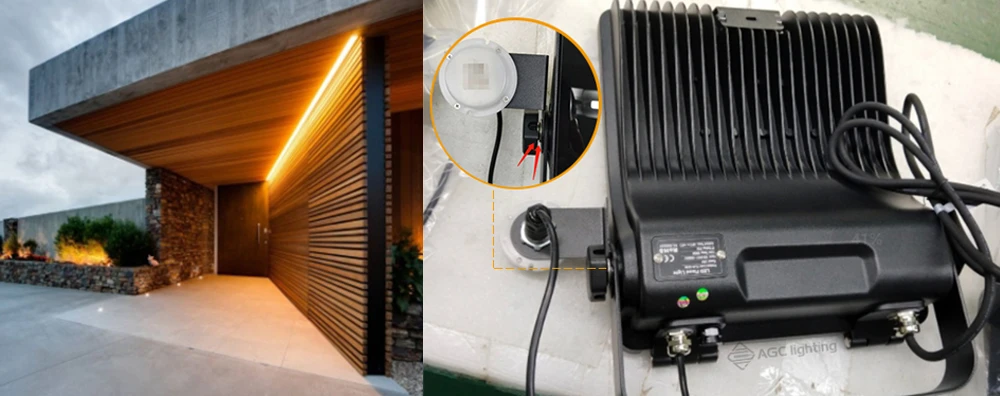 external motion sensor mounted on an adjustable bracket for floodlight to illuminate a building entrance