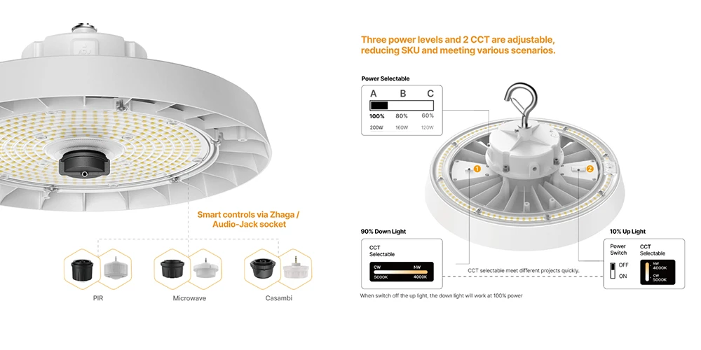 flexible high bay light with up and down light smart control and power and CCT adjustment