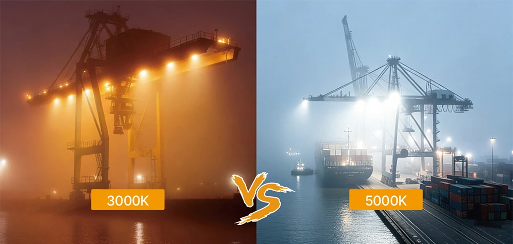 3000K warm white light and 5000K cool white light in sea fog