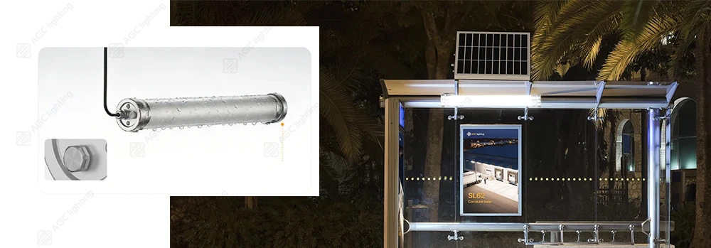 SL62 solar lighting designed for bus shelters also uses 316 stainless steel end caps