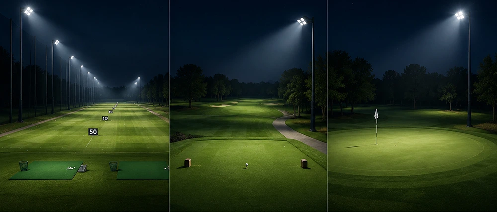 different zones in golf course at night
