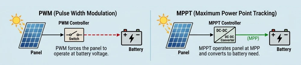 how PWM and MPPT charge controller work in solar lighting system