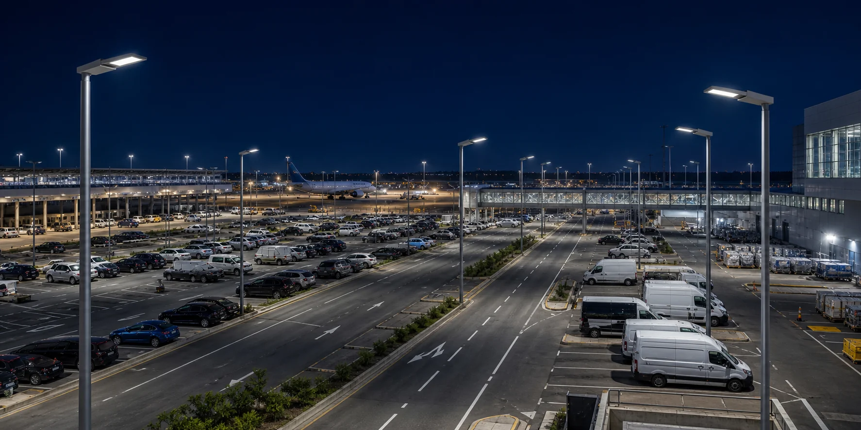 Airport parking and transport-hub road lighting at night