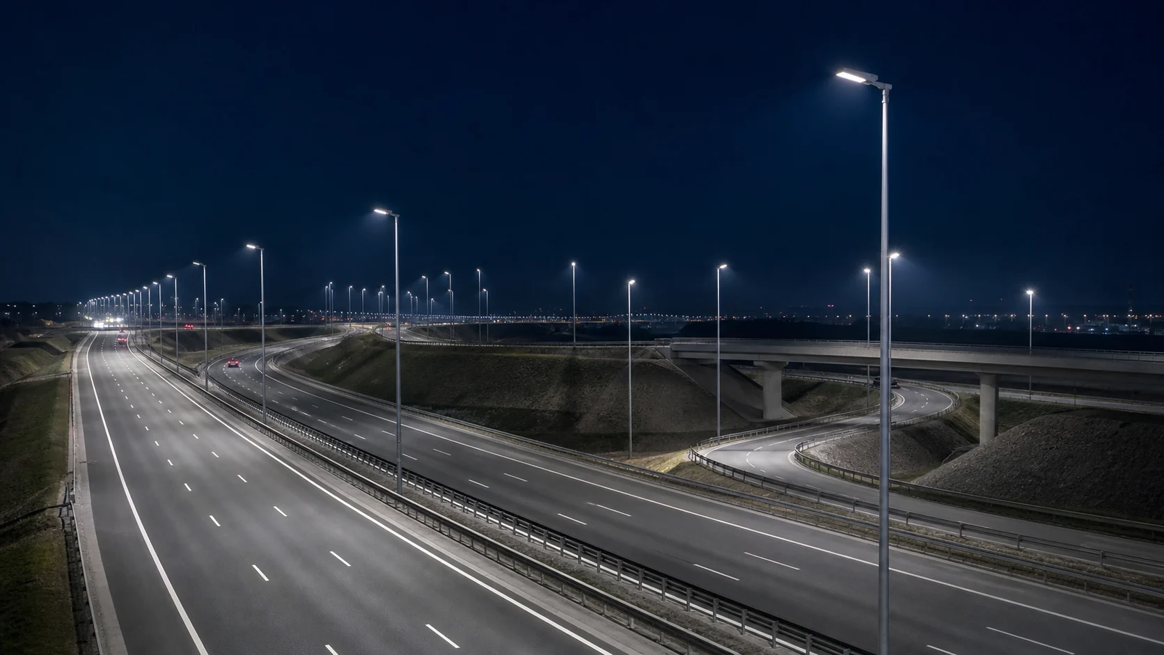 High-output LED roadway lighting across a multi-lane highway interchange