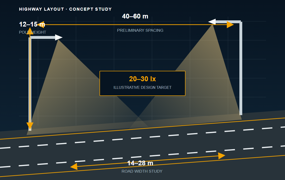 Illustrative highway lighting layout with 12 to 15 metre poles and 40 to 60 metre spacing