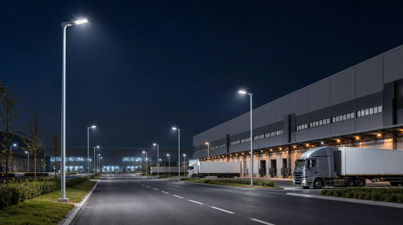 Illuminated logistics-hub access road at night