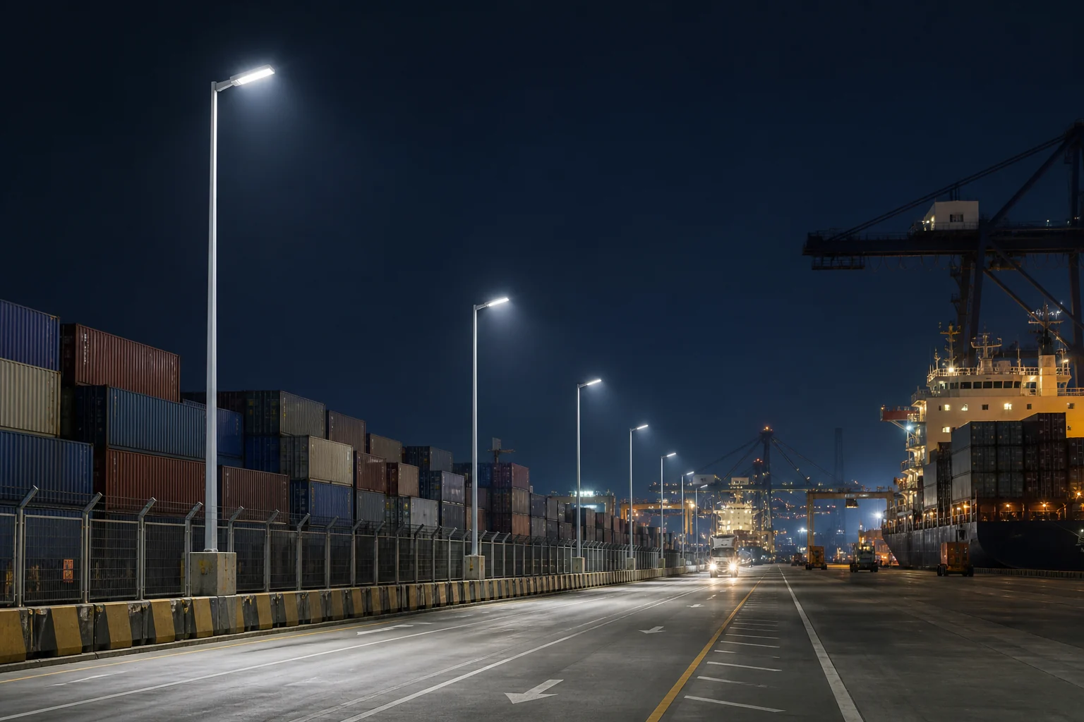 Illuminated container-terminal road at night
