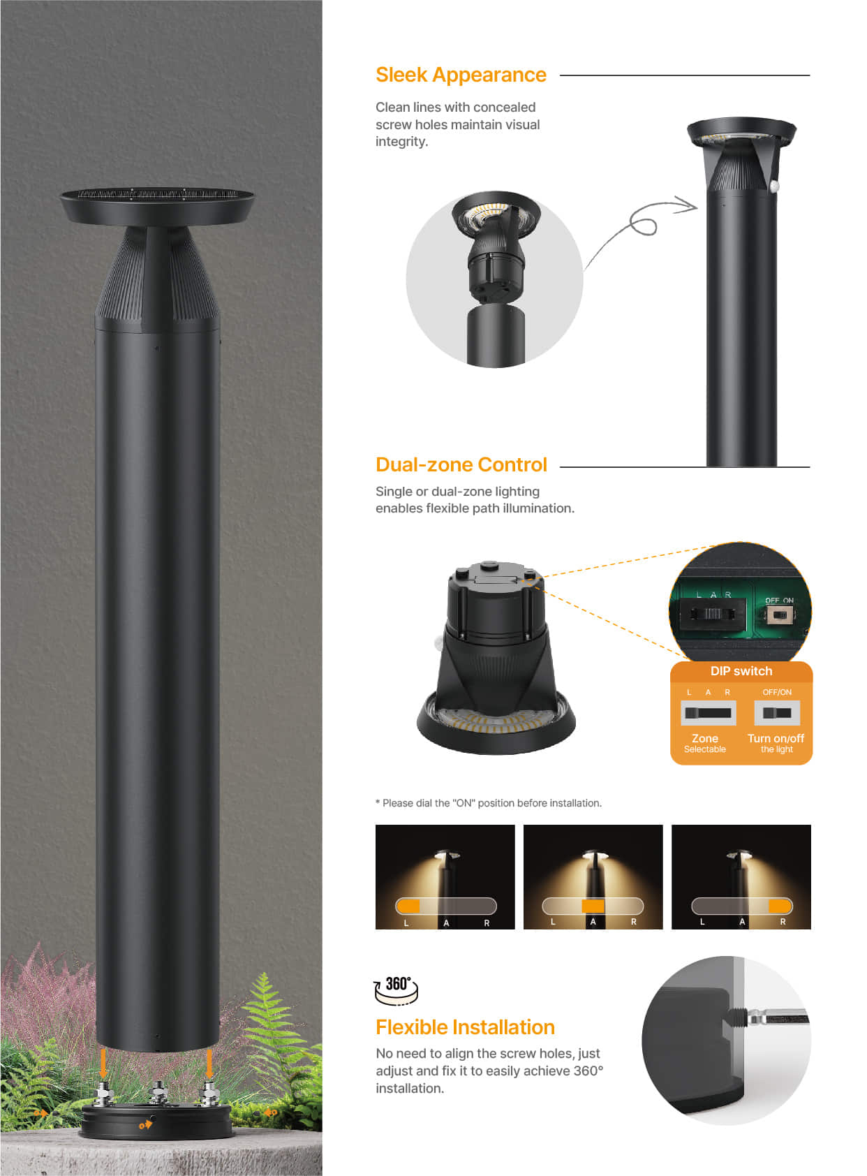 SL73 Bollard Solar Light dual zone control flexible installation
