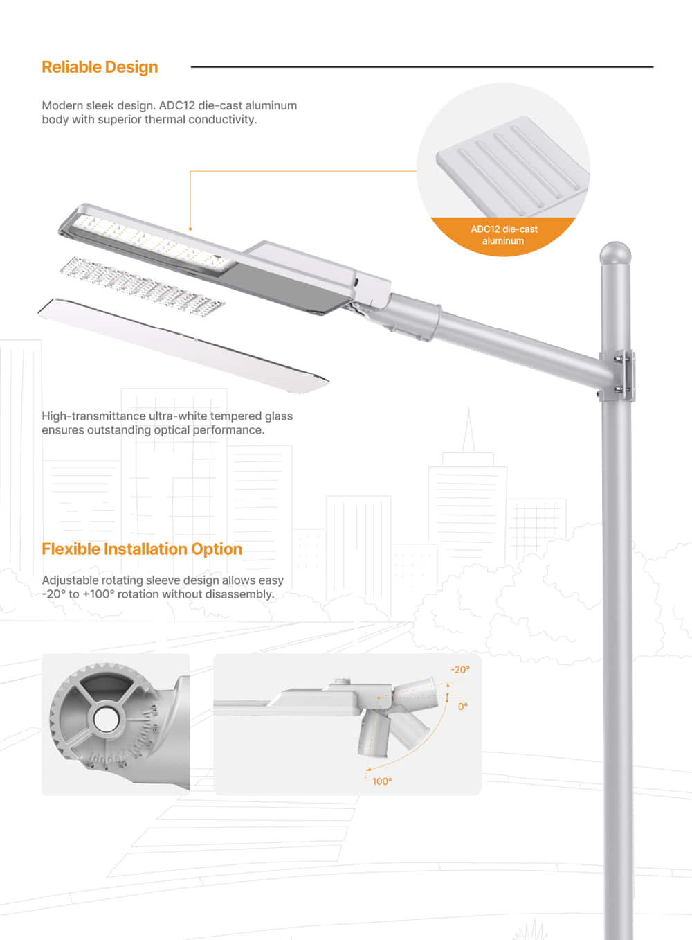 ST70  20° to 100° angle adjustment Street Light