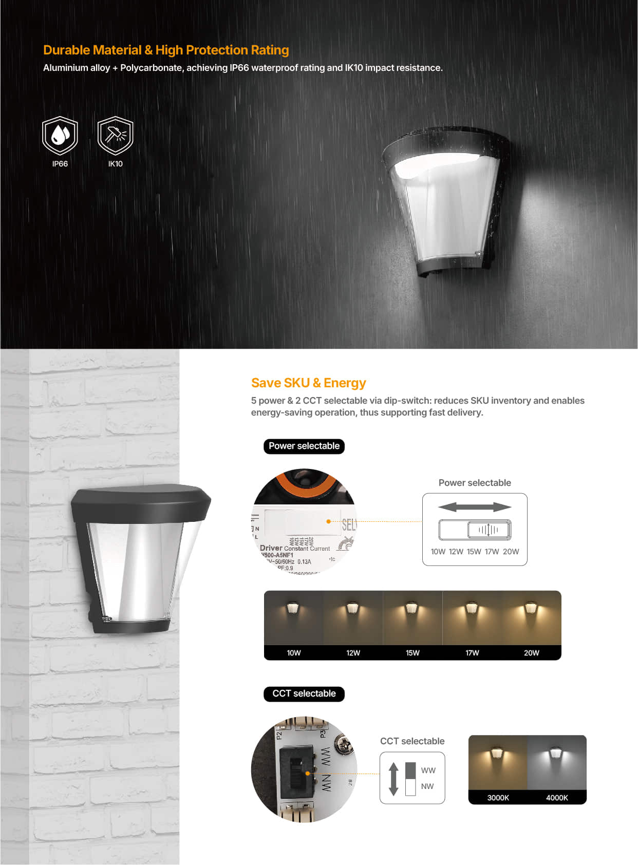 WP22 IP66 IK10 CCT Power selectable Wall Pack Light