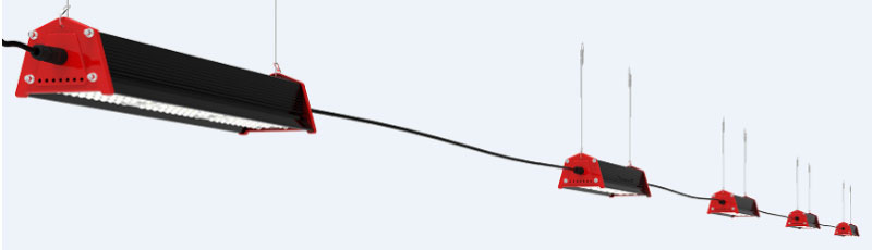Fixtures qty in each line can be 10pcs for 180W (220V voltage), and 30pcs for 60W, linkable distance can be 60~180m at least (just suppose a 6m spacing).
